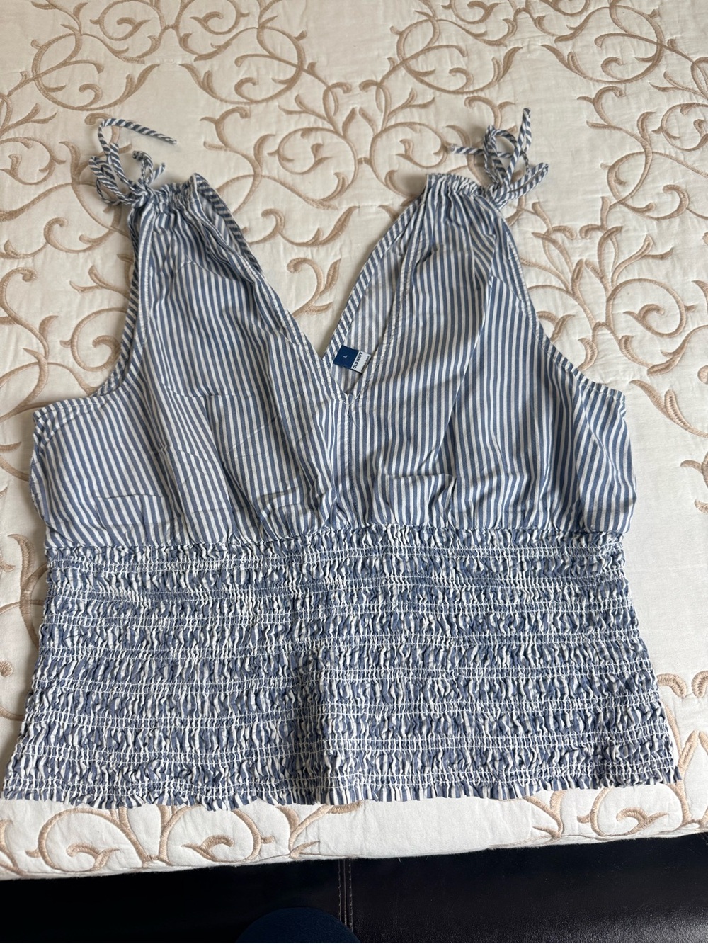 Old Navy Blue and White Striped Smocked V-Neck Tank